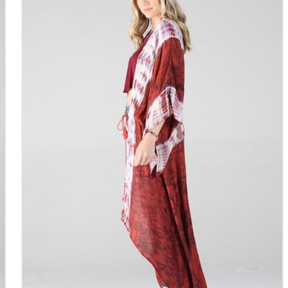 Last Medium NWT Red White Tie Dye Gypsy Long Kimono Duster Med - Picture 5 of 8
